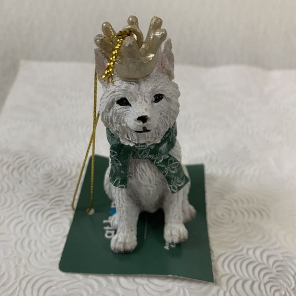 5 Christmas Tree Ornaments Fox Bear Owl with Crowns Ceramic White Green Gold Lot - Picture 6 of 16